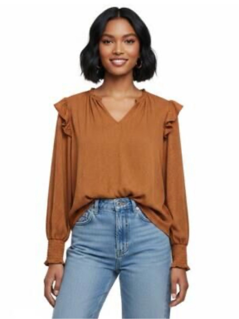 Kaileigh Rust Ruffle Shoulder V-Neck Long Sleeve Top